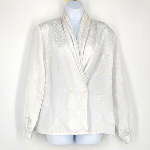 VTG Impressions of California Shiny Liquid Satin Blouse White Floral Sissy 16